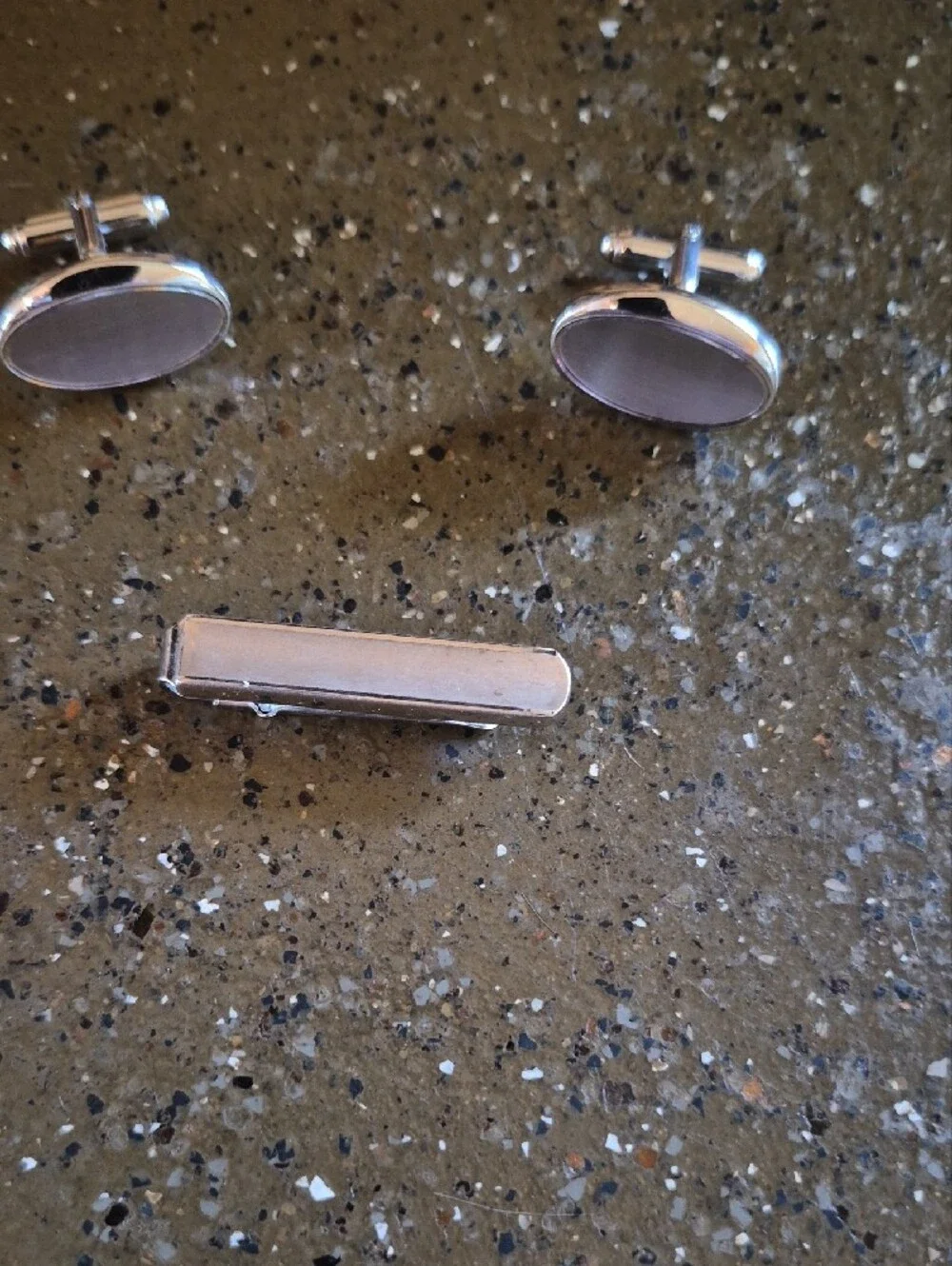 Polished Silver Oval Cufflinks with Matching Tie Clip
